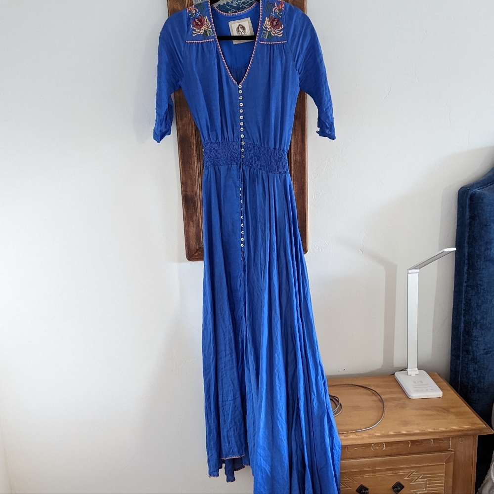 Blue Embroidered Button-Front Maxi Dress - Brand Unspecified
